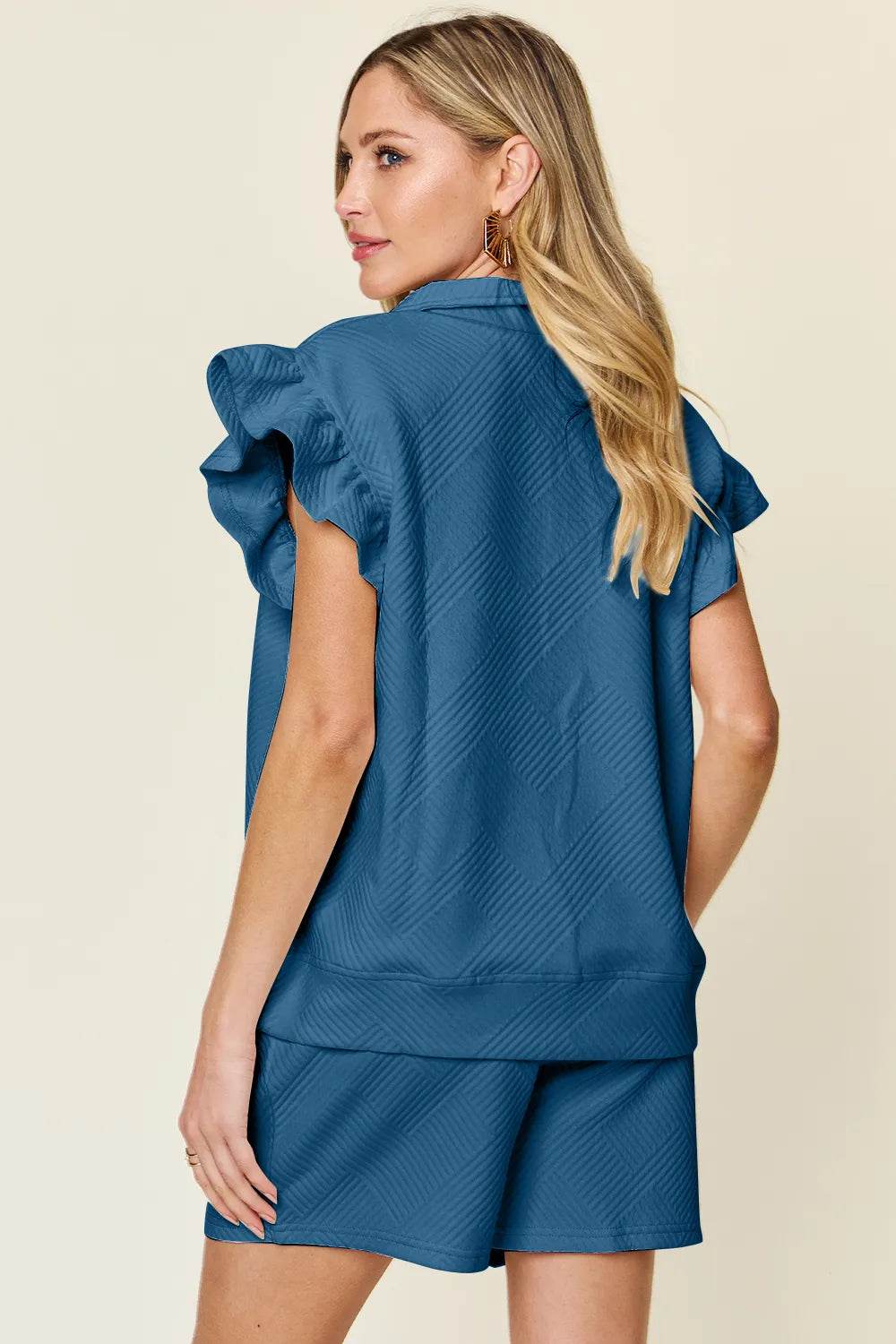 Double Take Full Size Texture Flounce Sleeve Top and Drawstring Shorts Set - IntuitiveEncBoutique