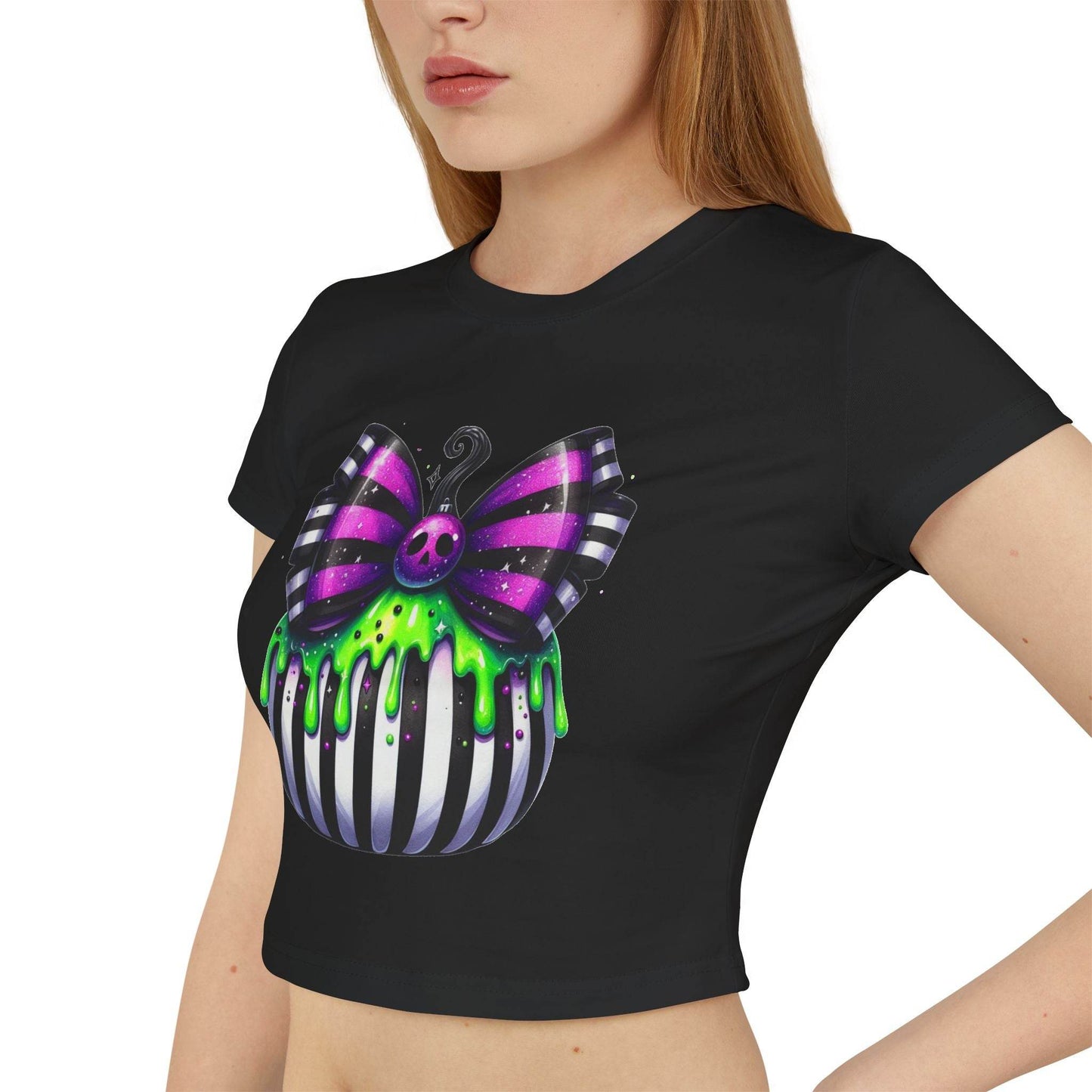 Cute Halloween Baby Tee with Spooky Bow Design | Women's Graphic T-Shirt, Party Shirt, Fall Fashion, Gift Idea, Casual Wear - IntuitiveEncBoutique