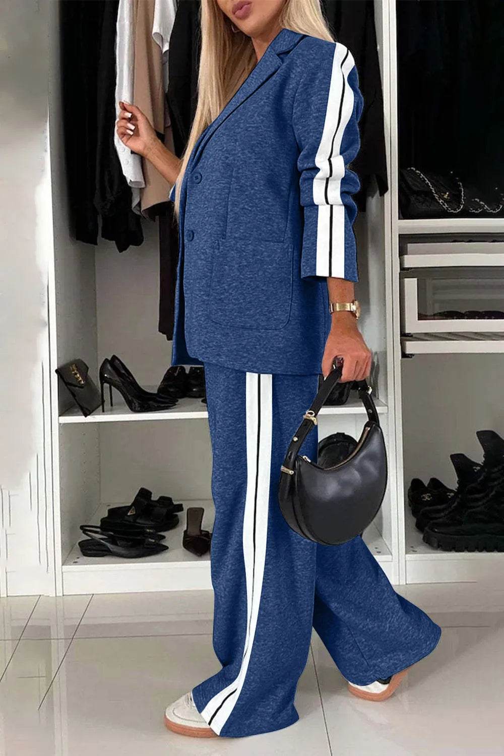 Full Size Contrast Lapel Collar Top and Pants Set - IntuitiveEncBoutique