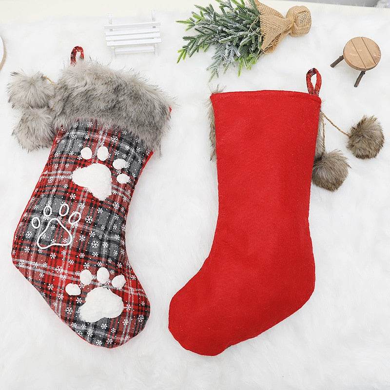 Christmas Stocking Christmas Decorations Fur Collar with Ball Plaid Printing Letter Dog Paw Seeds Pendant New Year - IntuitiveEncBoutique