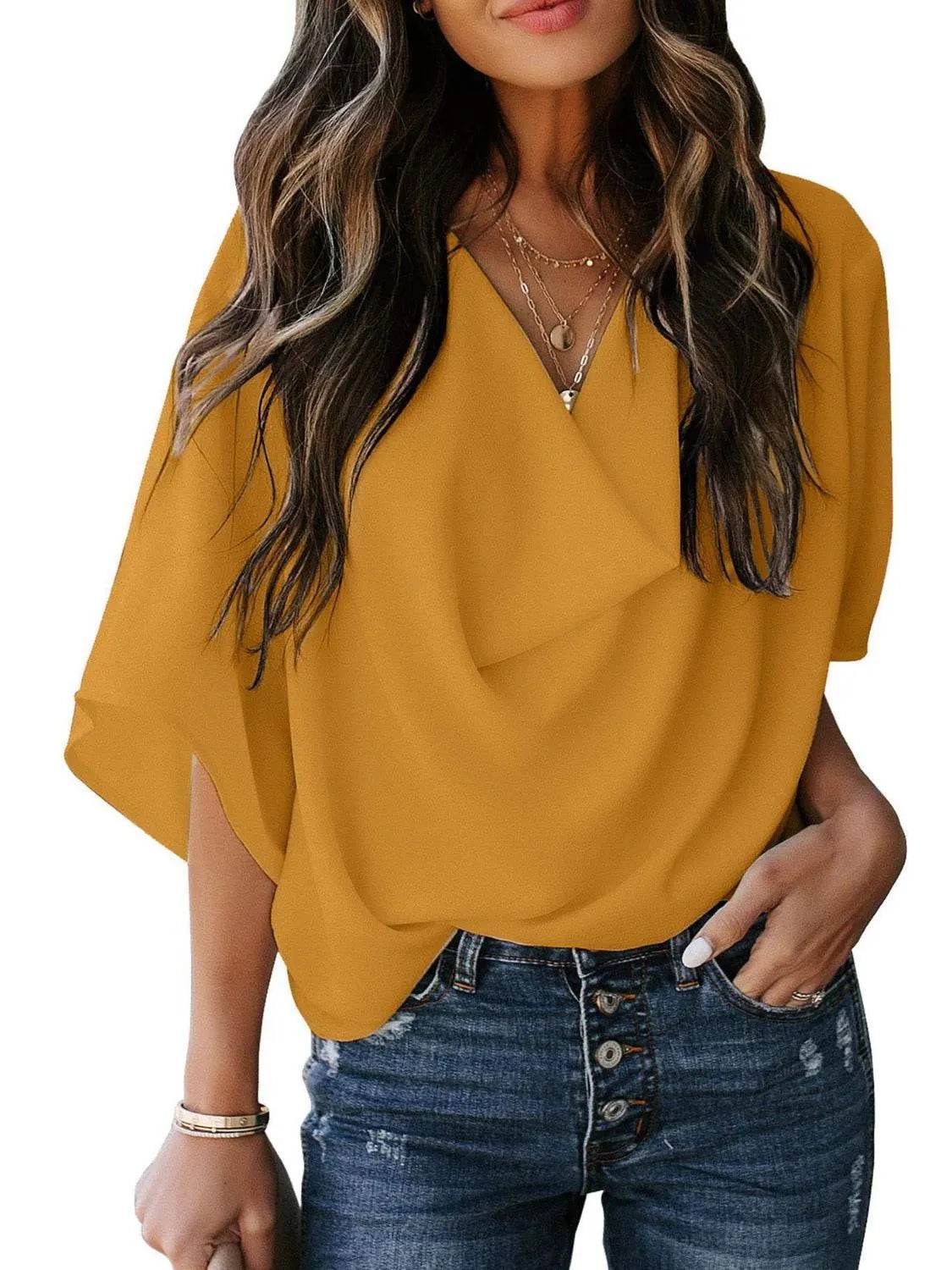 Full Size Ruched Three-Quarter Sleeve Blouse Plus Size - IntuitiveEncBoutique