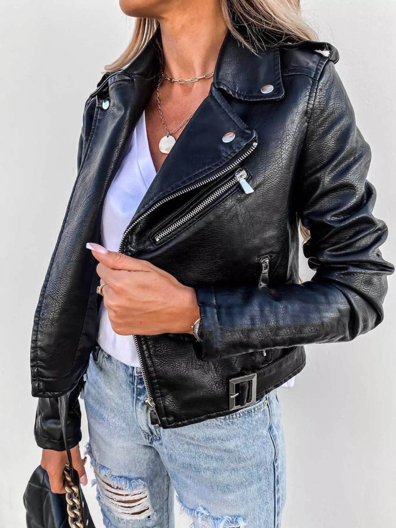 Full Size Zip Up Leather Motorcycle Biker Jacket Plus Size - IntuitiveEncBoutique