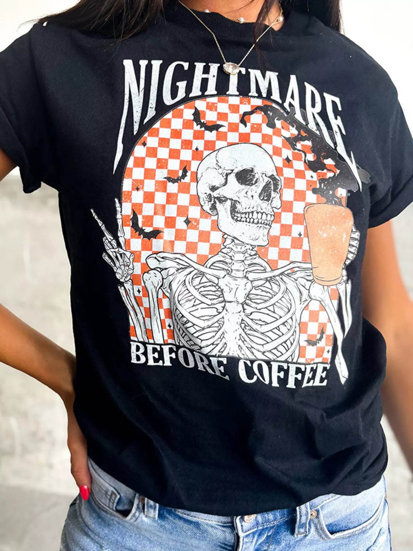 Halloween Skull Checkerboard Graphic Round Neck Tee - IntuitiveEncBoutique