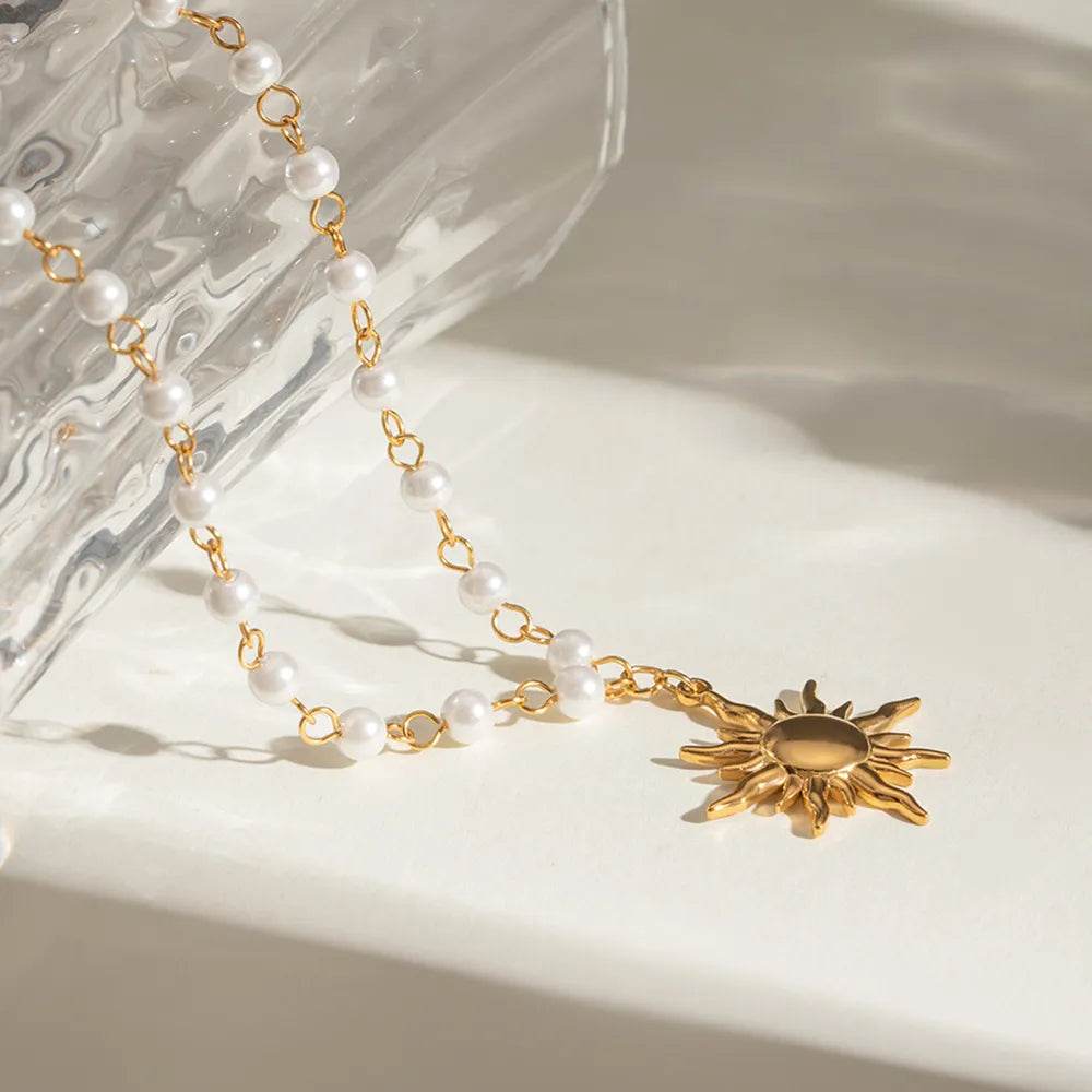 18K Gold-Plated Pearl Sun Necklace - IntuitiveEncBoutique