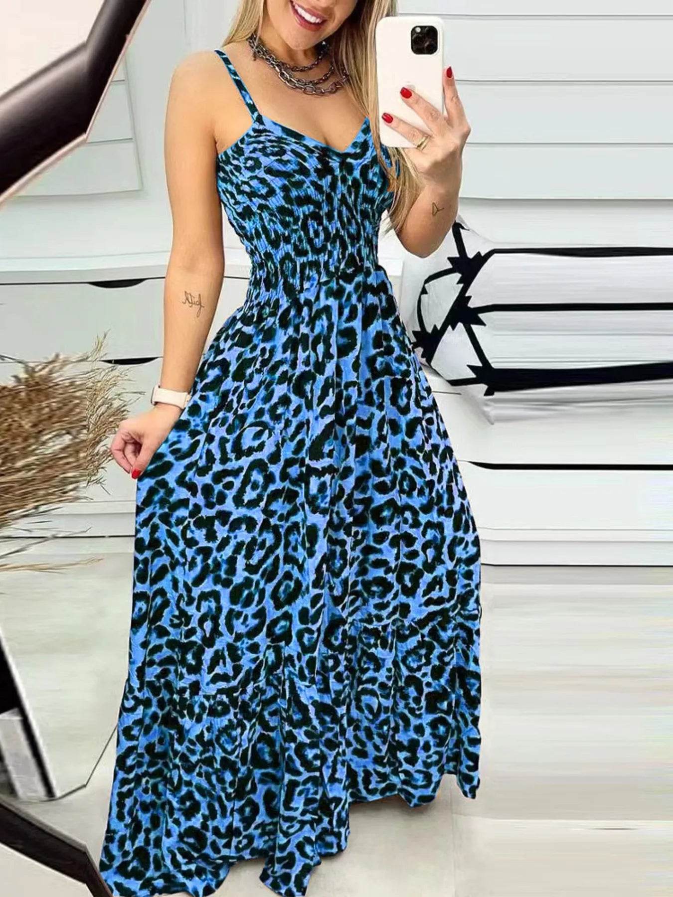 Full Size Leopard Print Spaghetti Strap Maxi Dress Plus Size - IntuitiveEncBoutique