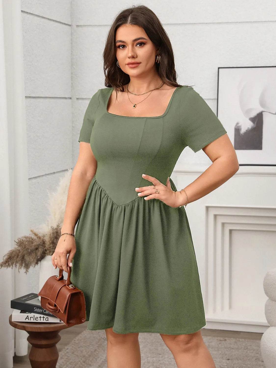 Plus Size Square Neck Short Sleeve Mini Dress - IntuitiveEncBoutique