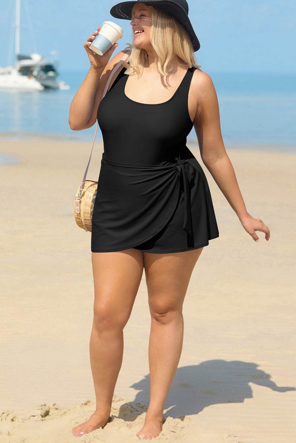 Black Solid Color Square Neck Knotted Plus Size One Piece Swimsuit - IntuitiveEncBoutique