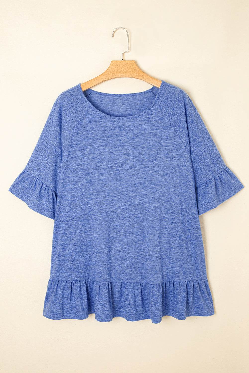 Dusk Blue Ruffled Short Sleeve Plus Size Casual Blouse - IntuitiveEncBoutique