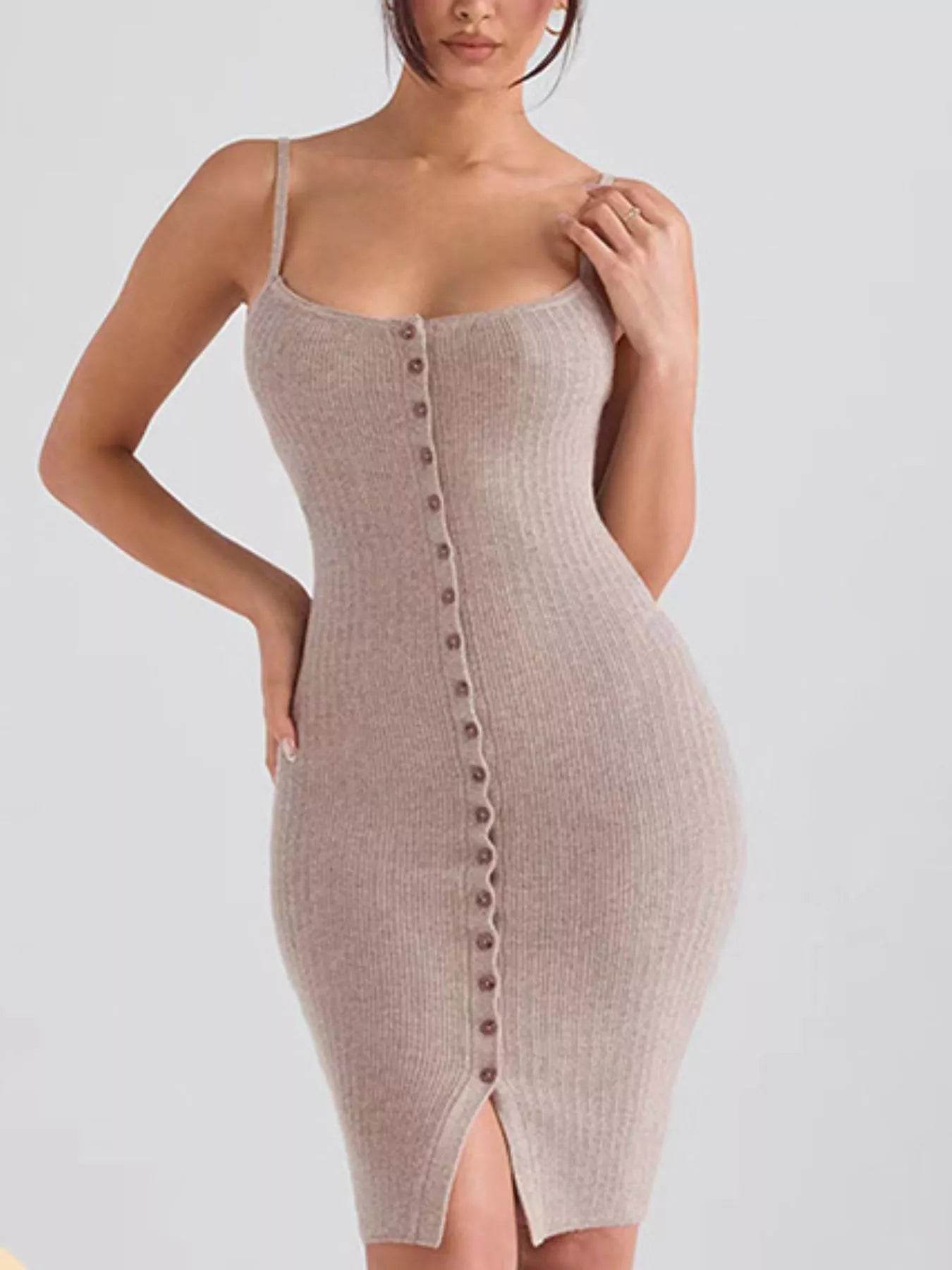 Ribbed Button-Front Bodycon Sweater Dress - IntuitiveEncBoutique