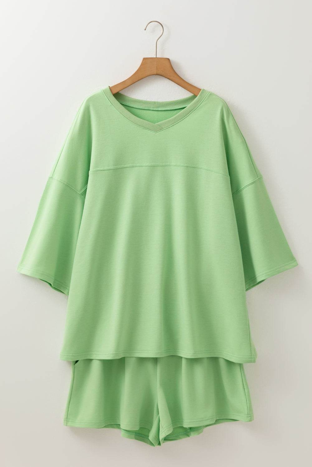 Meadow Mist Green Plus Size V Neck Drop Shoulder Tee Loose Shorts 2pcs Outfit - IntuitiveEncBoutique