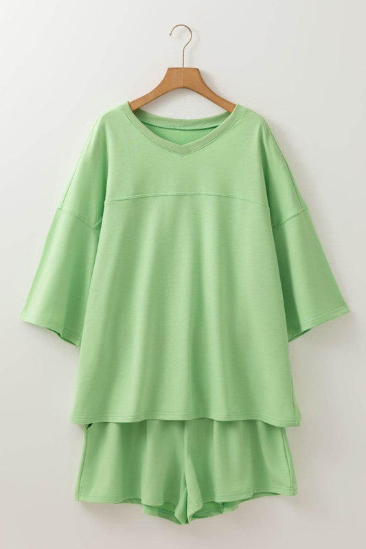 Meadow Mist Green Plus Size V Neck Drop Shoulder Tee Loose Shorts 2pcs Outfit - IntuitiveEncBoutique