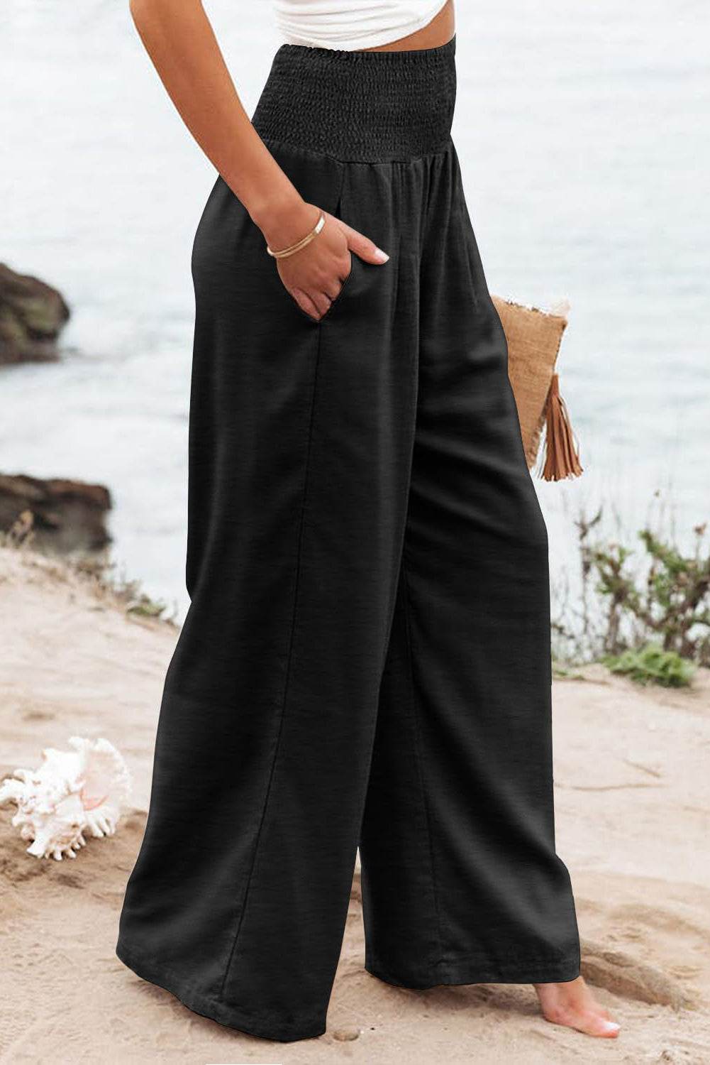 Black Shirred High Waist Plus Size Wide Leg Pants - IntuitiveEncBoutique
