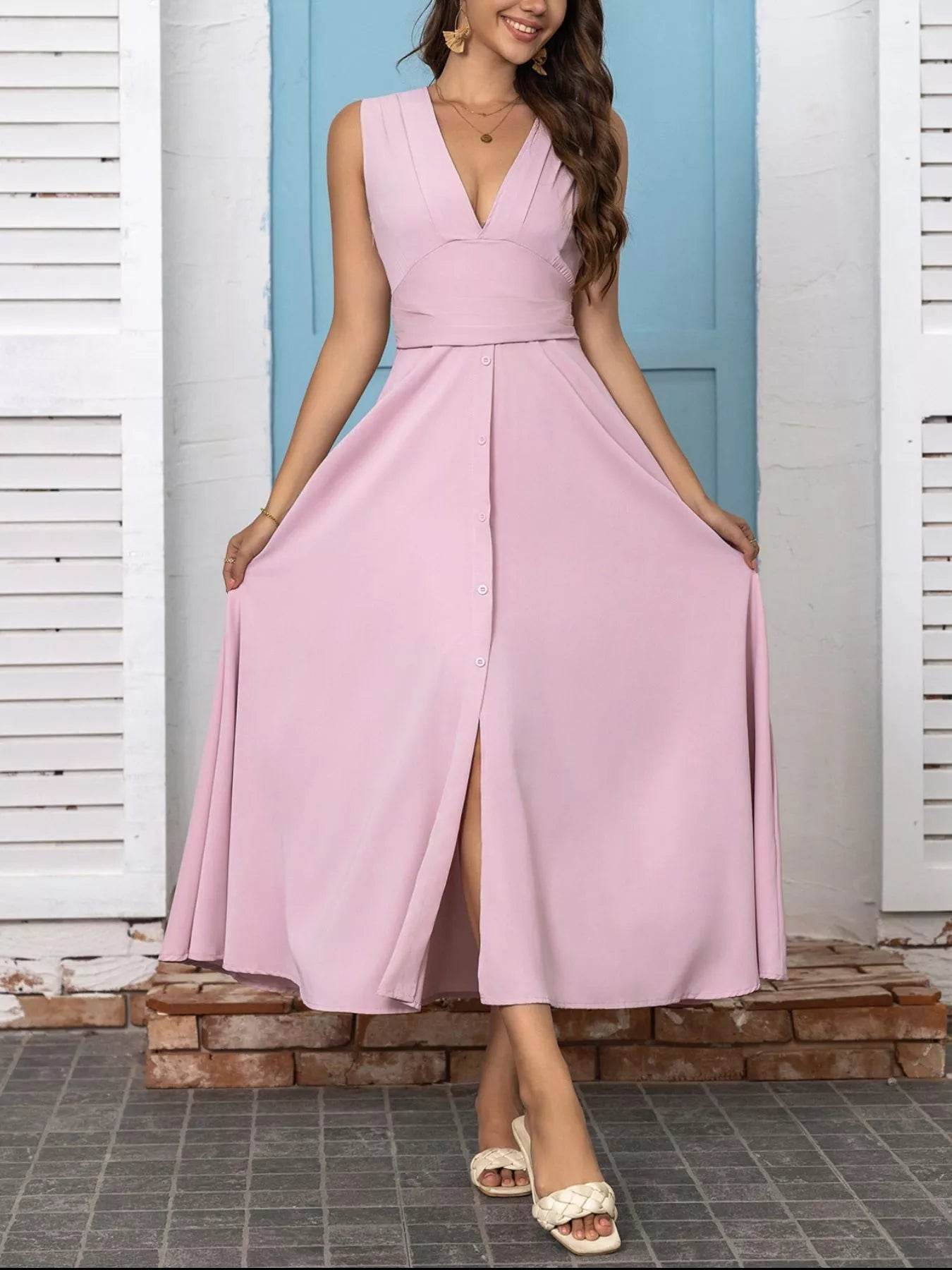 Full Size Slit V-Neck Sleeveless Dress Plus Size - IntuitiveEncBoutique