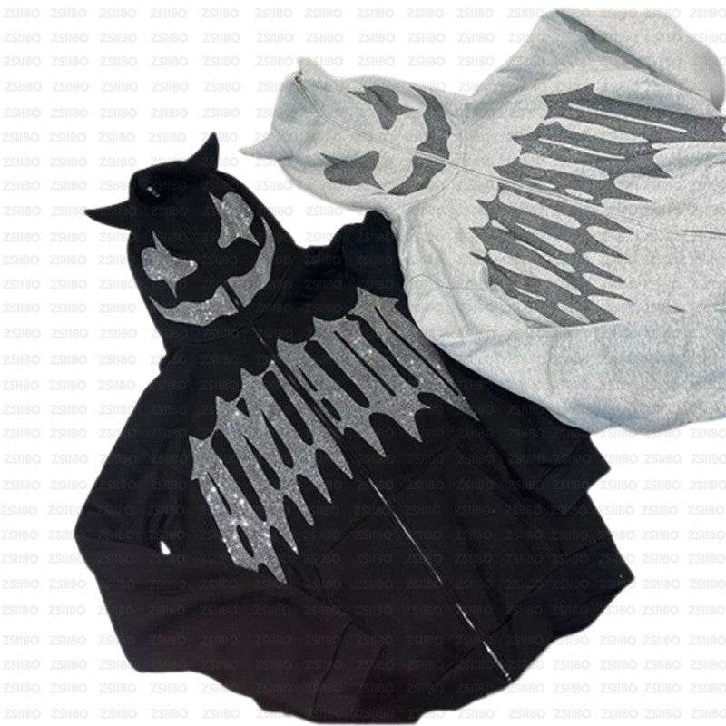 Wholesale Loose Unisex Hooded Zip-Up Sweatshirt with Devil Rhinestone - IntuitiveEncBoutique