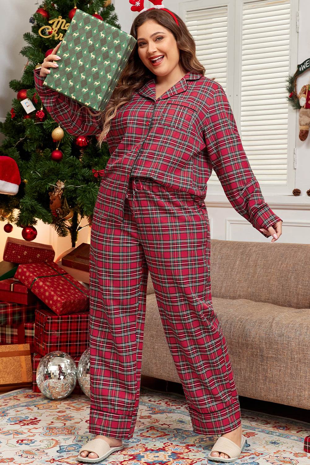 Red Plaid Printed Shirt and Pants Plus Size Lounge Set - IntuitiveEncBoutique