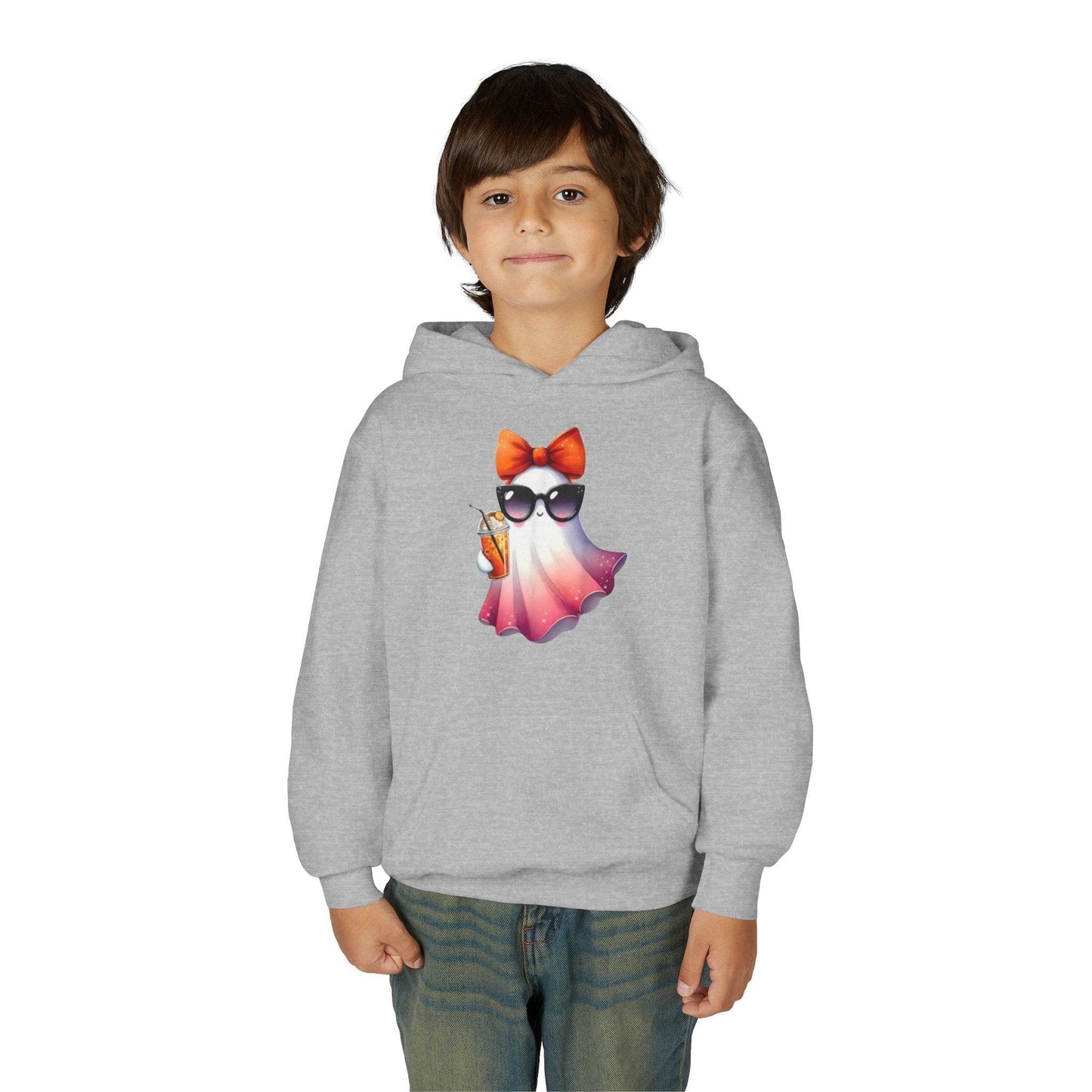 Youth Ghostly Glam Hoodie, Cute Ghost Design Sweatshirt, Halloween Apparel, Halloween Costume, Kids Hooded Sweatshirt - IntuitiveEncBoutique