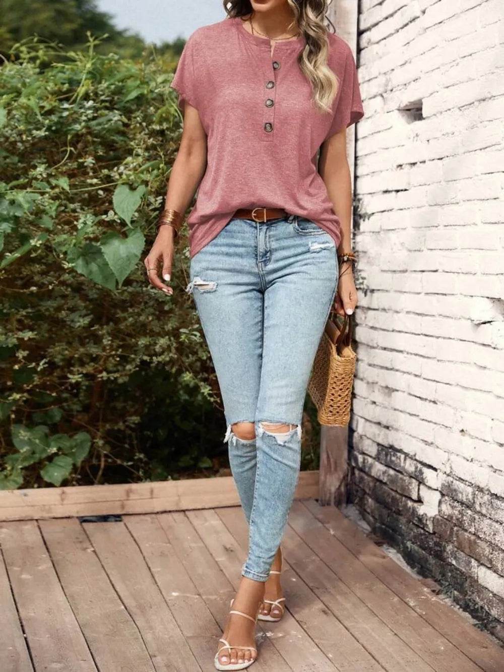Half Button Short Sleeve Top - IntuitiveEncBoutique