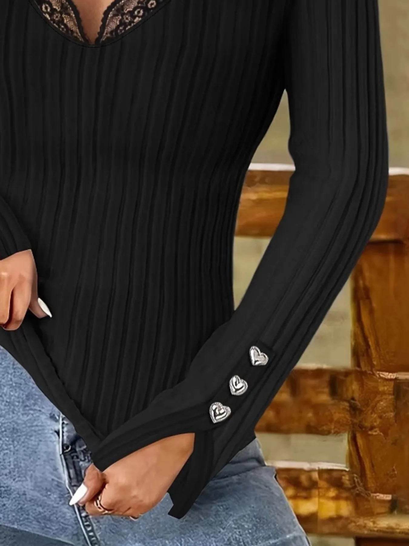 Full Size Ribbed V-Neck Lace Trim Long Sleeve T-Shirt Plus Size - IntuitiveEncBoutique