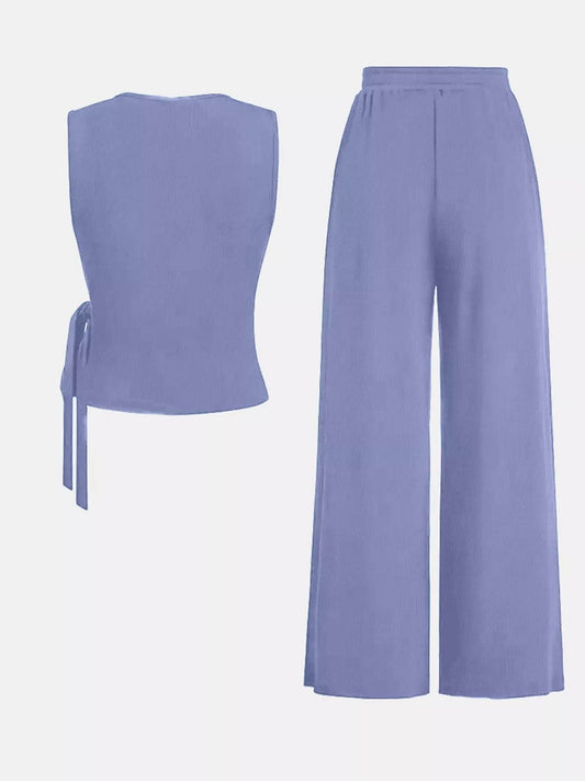 Side Tie Round Neck Tank and Pants Set - IntuitiveEncBoutique