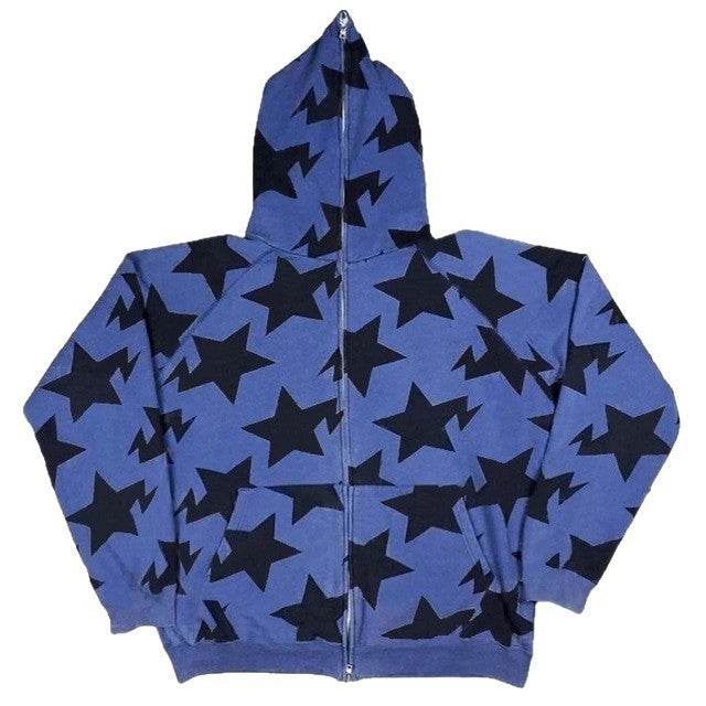 Star Pattern Hooded Cardigan Loose Unisex Sweatshirt - IntuitiveEncBoutique