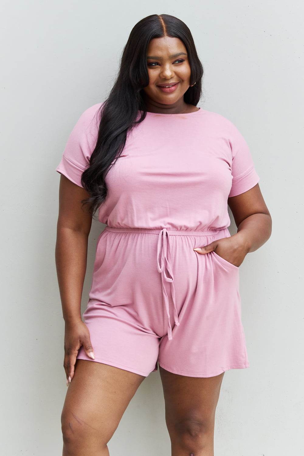 Zenana Chilled Out Full Size Short Sleeve Romper in Light Carnation Pink - IntuitiveEncBoutique