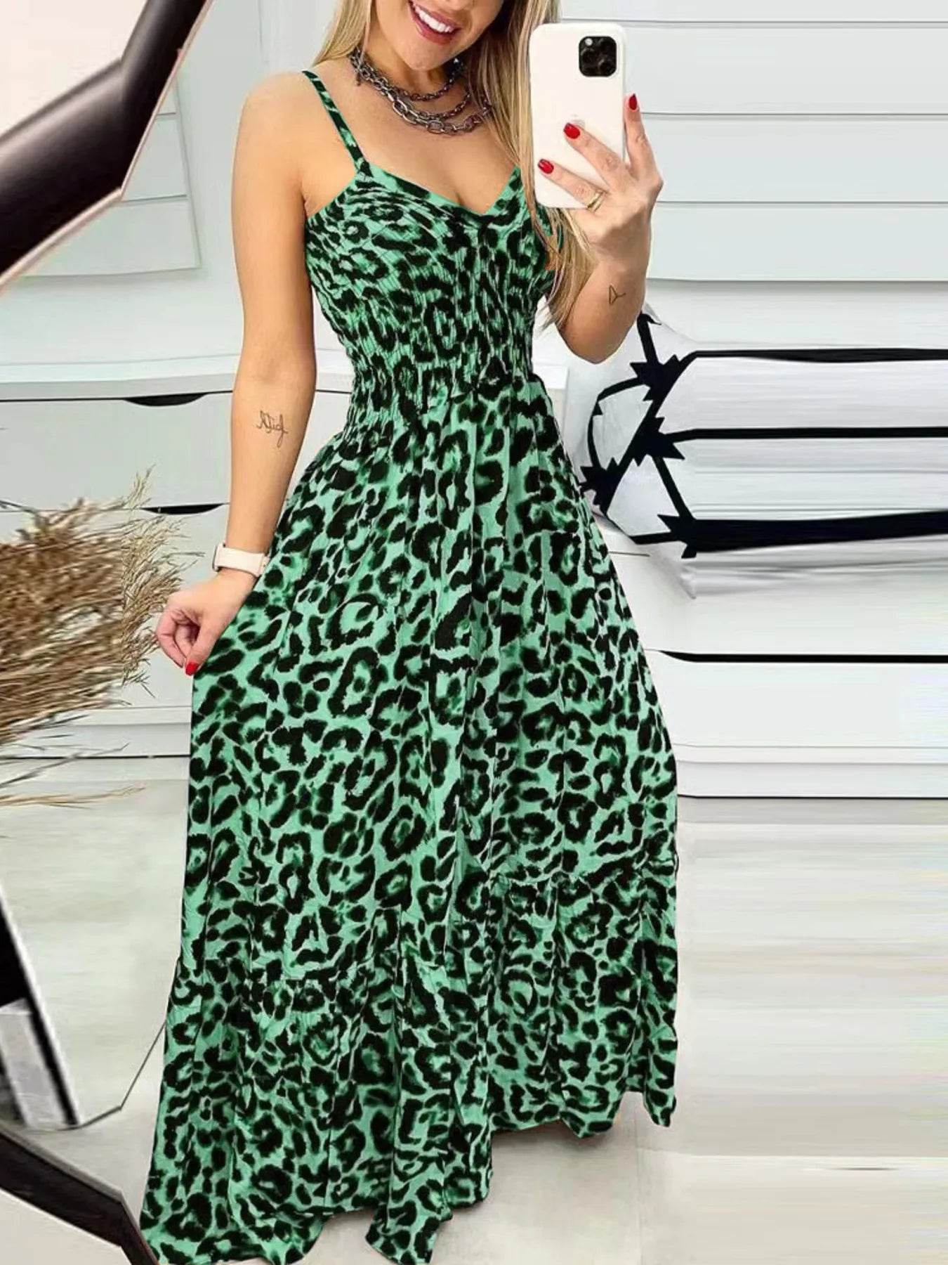 Full Size Leopard Print Spaghetti Strap Maxi Dress Plus Size - IntuitiveEncBoutique