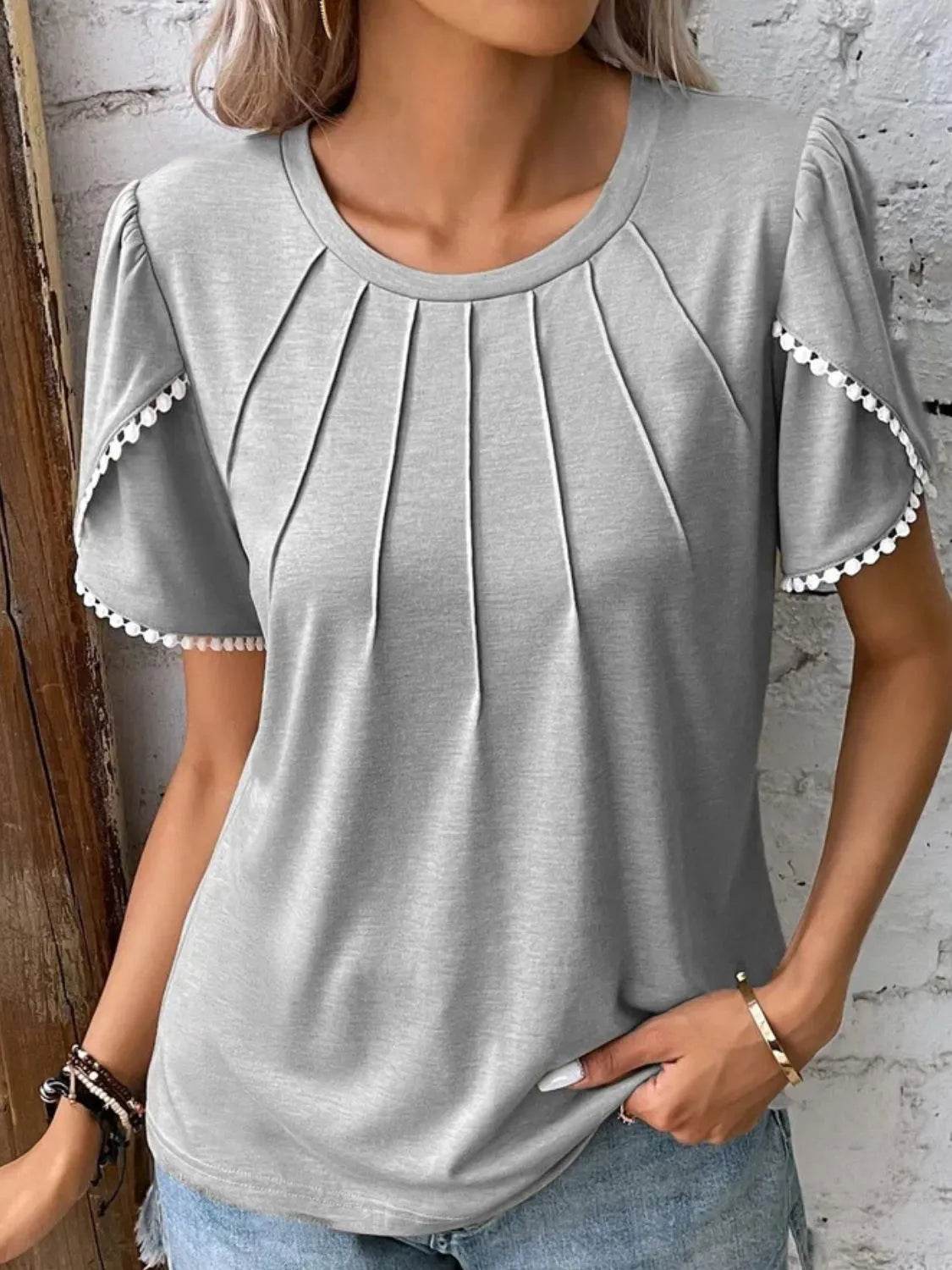 Full Size Round Neck Petal Sleeve Blouse Plus Size - IntuitiveEncBoutique