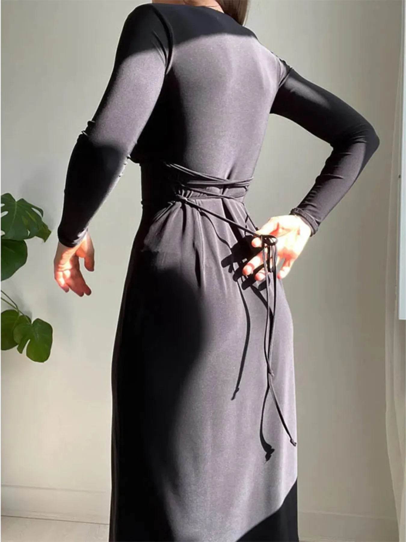 Full Size Tied Long Sleeve Bodycon Midi Dress Plus Size - IntuitiveEncBoutique