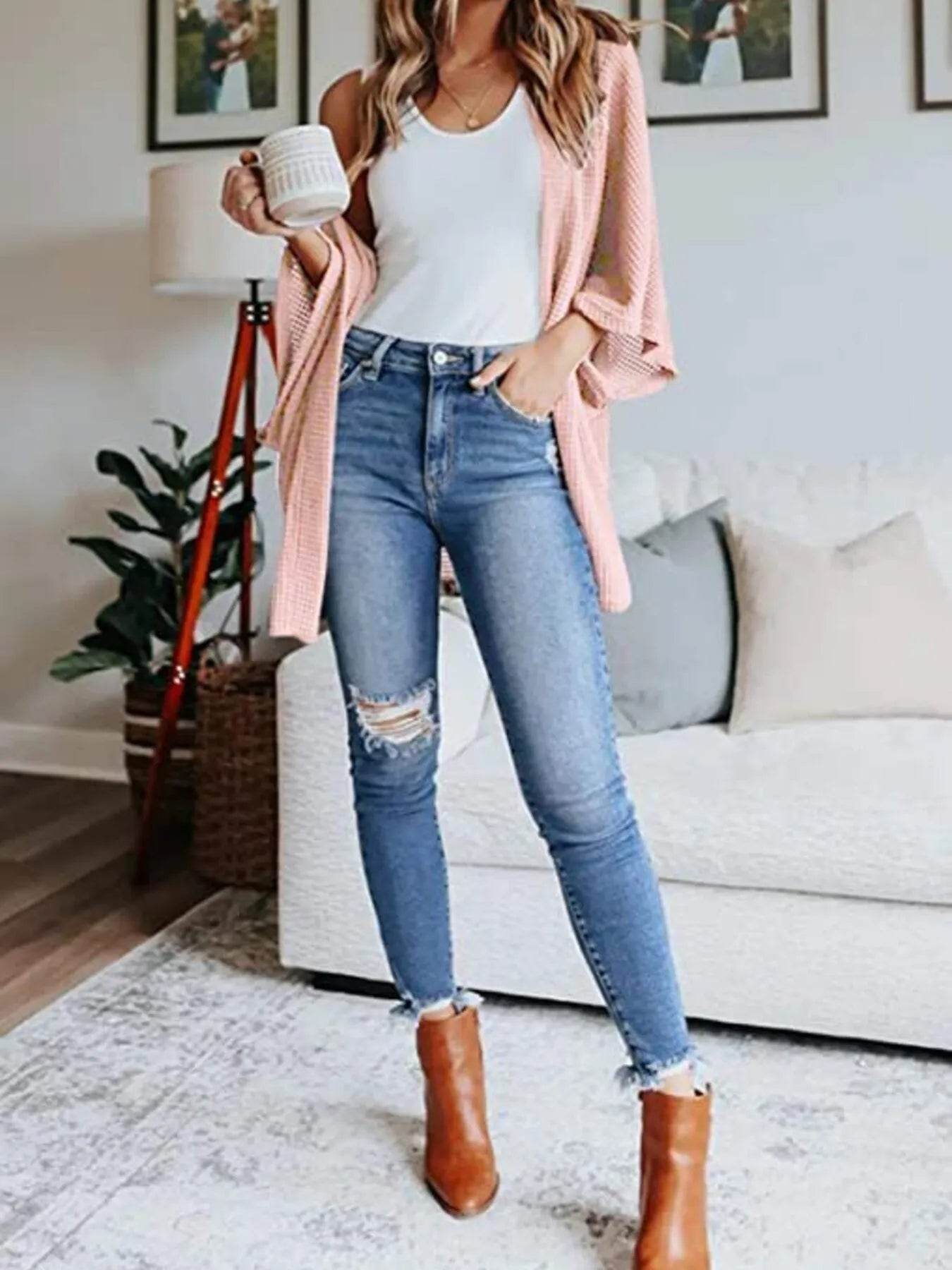 Full Size Open Front Waffle Knit Cardigan Plus Size - IntuitiveEncBoutique