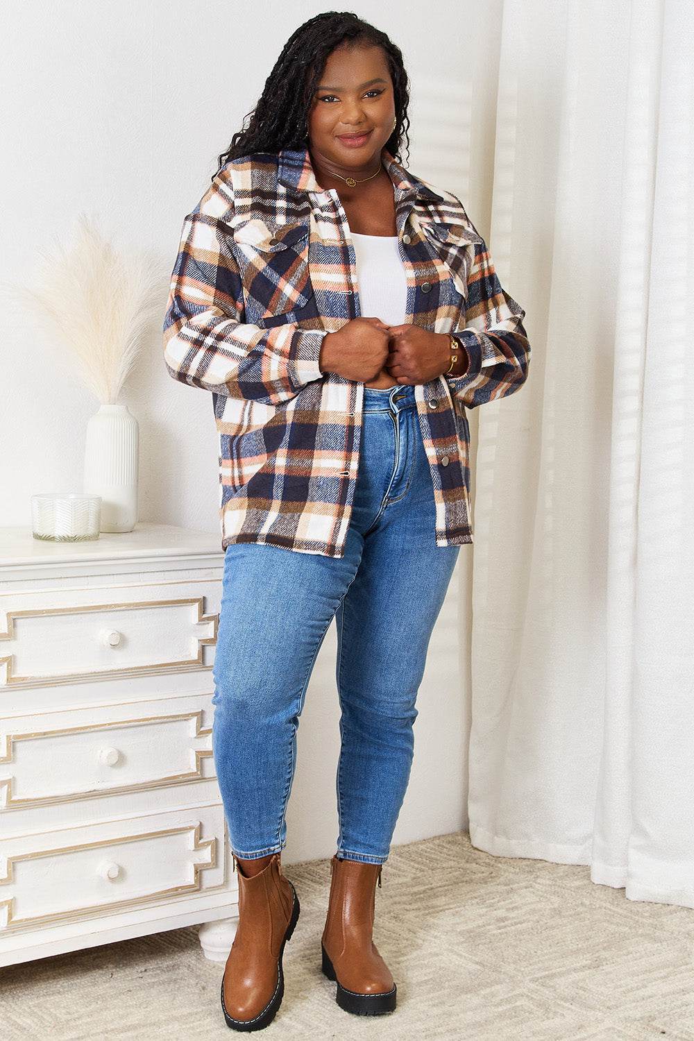 Double Take Plaid Button Front Shirt Jacket with Breast Pockets - IntuitiveEncBoutique