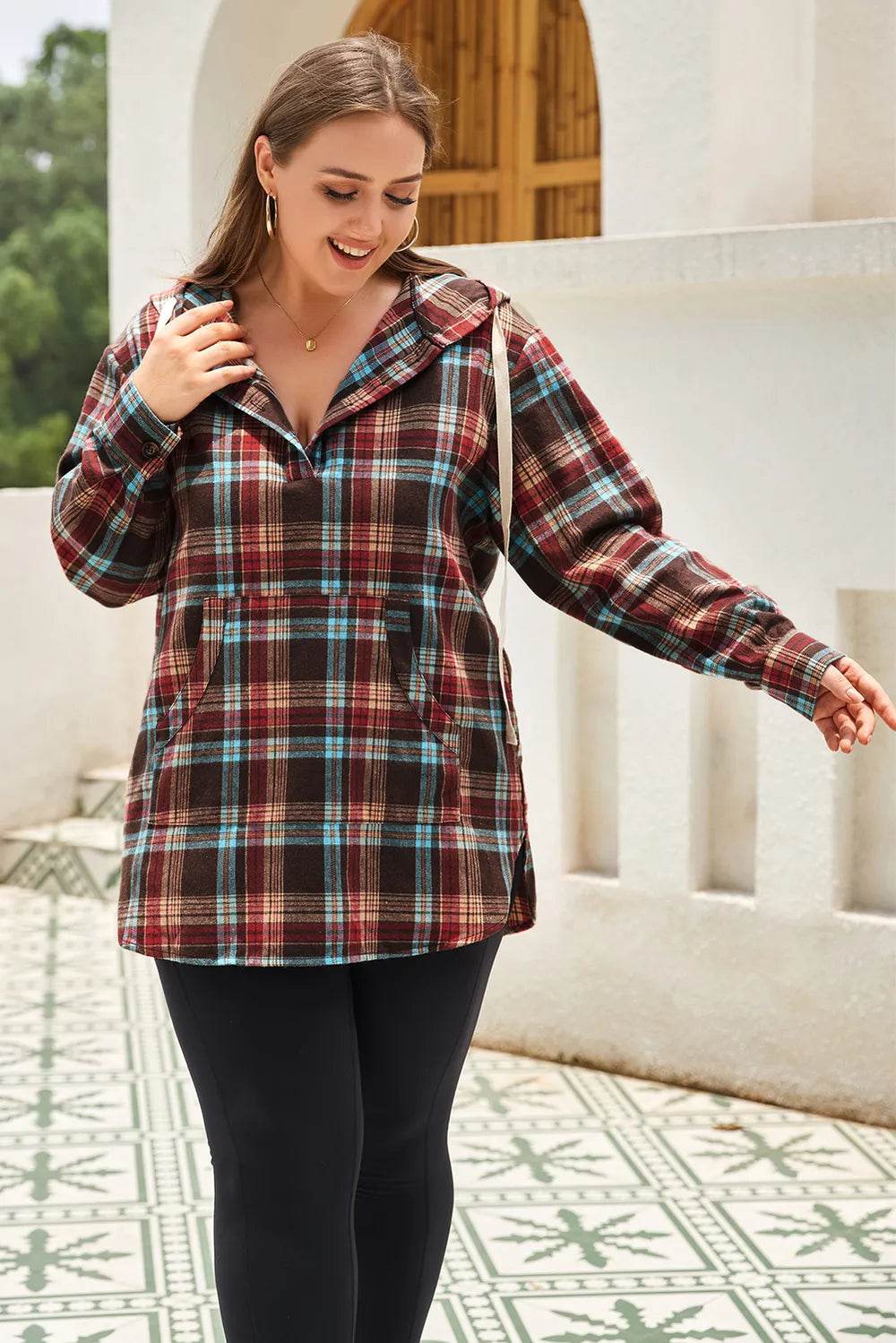 Plus Size Drawstring Plaid Quarter Button Hoodie - IntuitiveEncBoutique