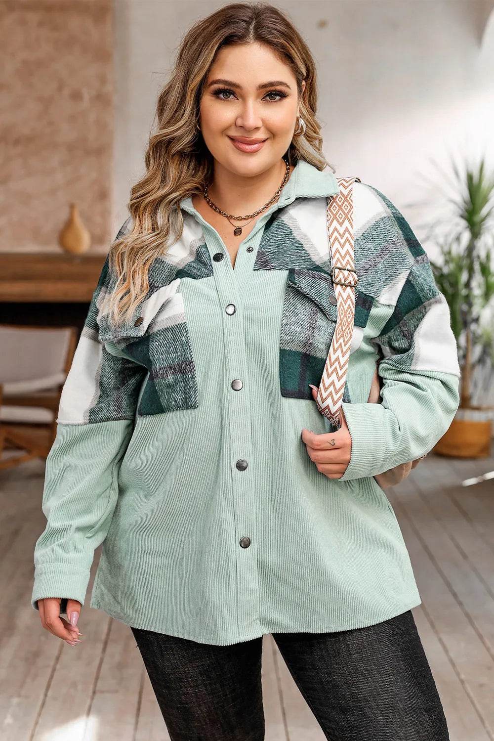 Plus Size Plaid Snap Down Jacket with Pockets - IntuitiveEncBoutique