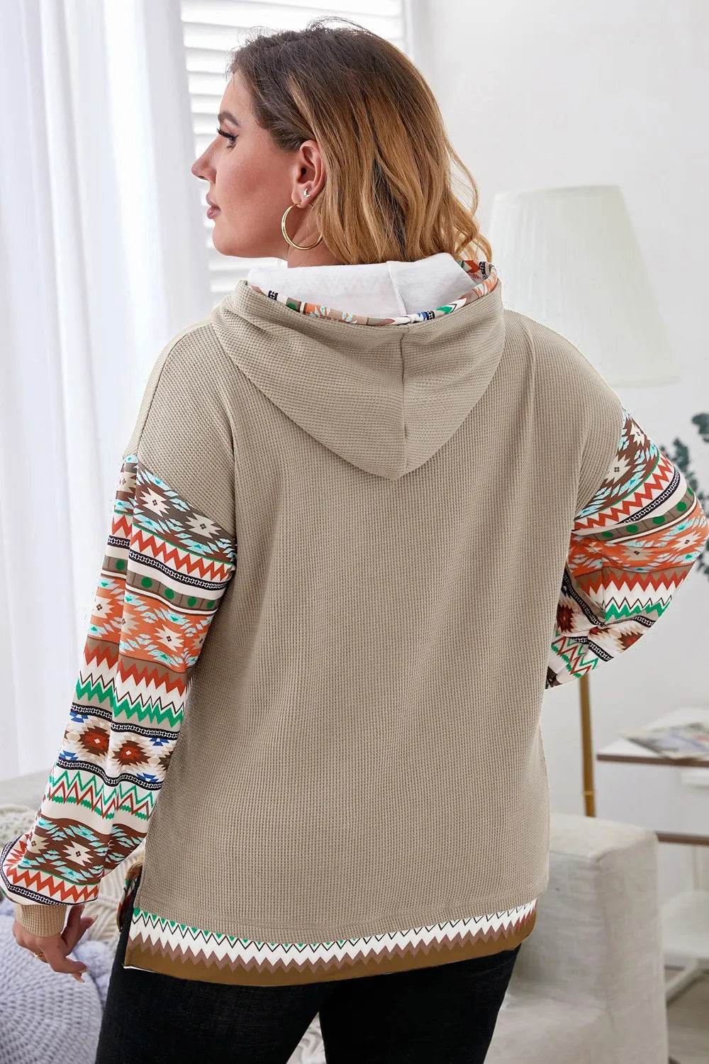 Plus Size Waffle-Knit Geometric Dropped Shoulder Hoodie - IntuitiveEncBoutique