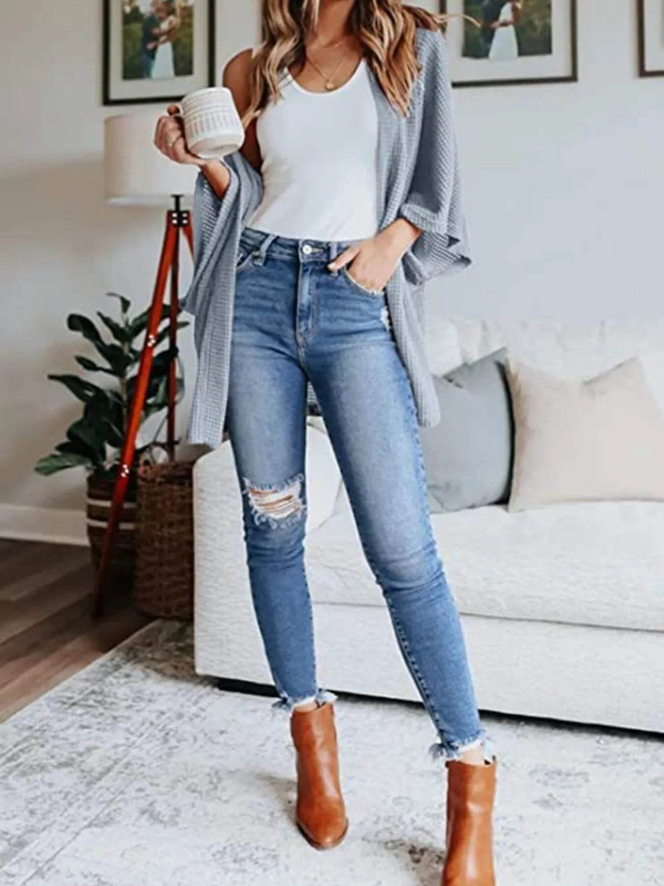 Full Size Open Front Waffle Knit Cardigan Plus Size - IntuitiveEncBoutique
