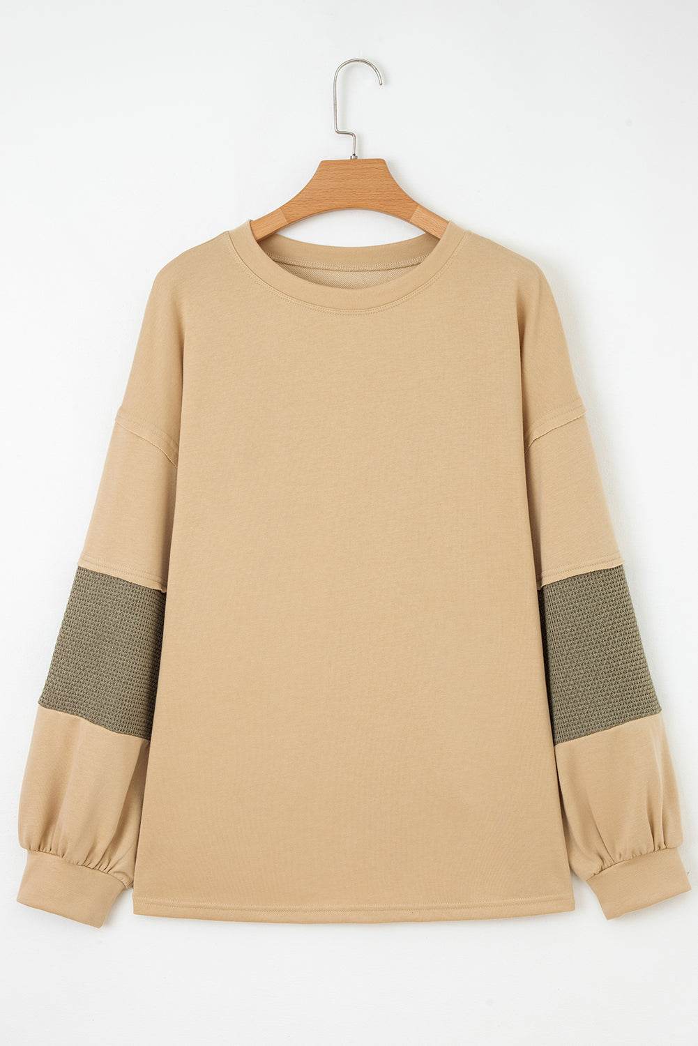 Laurel Green Exposed Seam Contrast Texture Patchwork Plus Size Drop Shoulder Pullover - IntuitiveEncBoutique