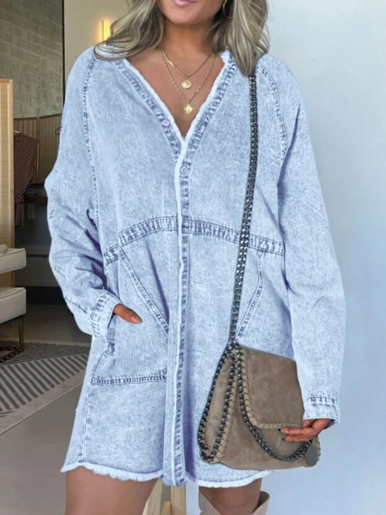 Full Size Button-Front Long Sleeve Denim Shirt Dress Plus Size - IntuitiveEncBoutique
