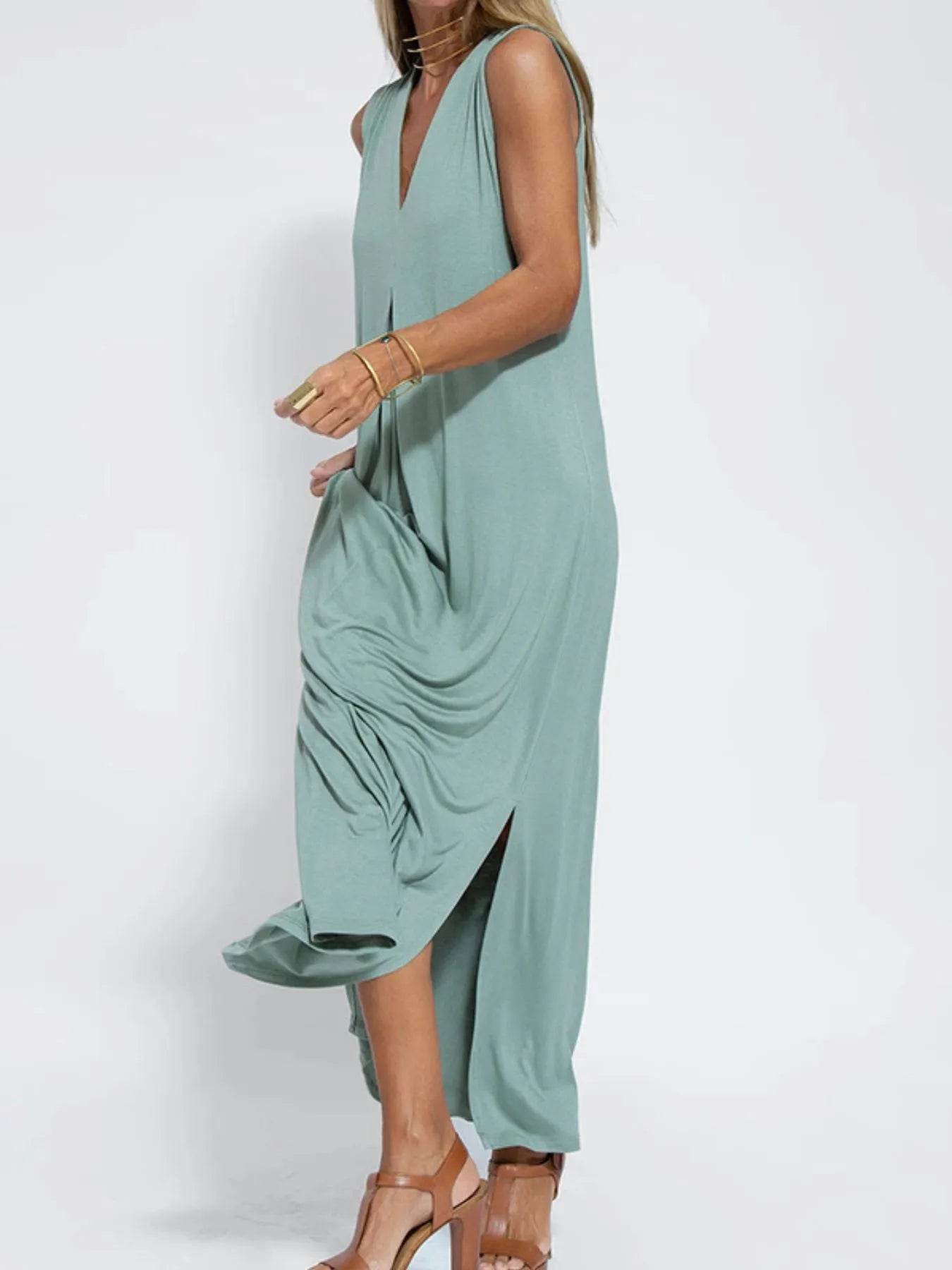 Full Size V-Neck Sleeveless Maxi Dress with Slit Plus Size - IntuitiveEncBoutique