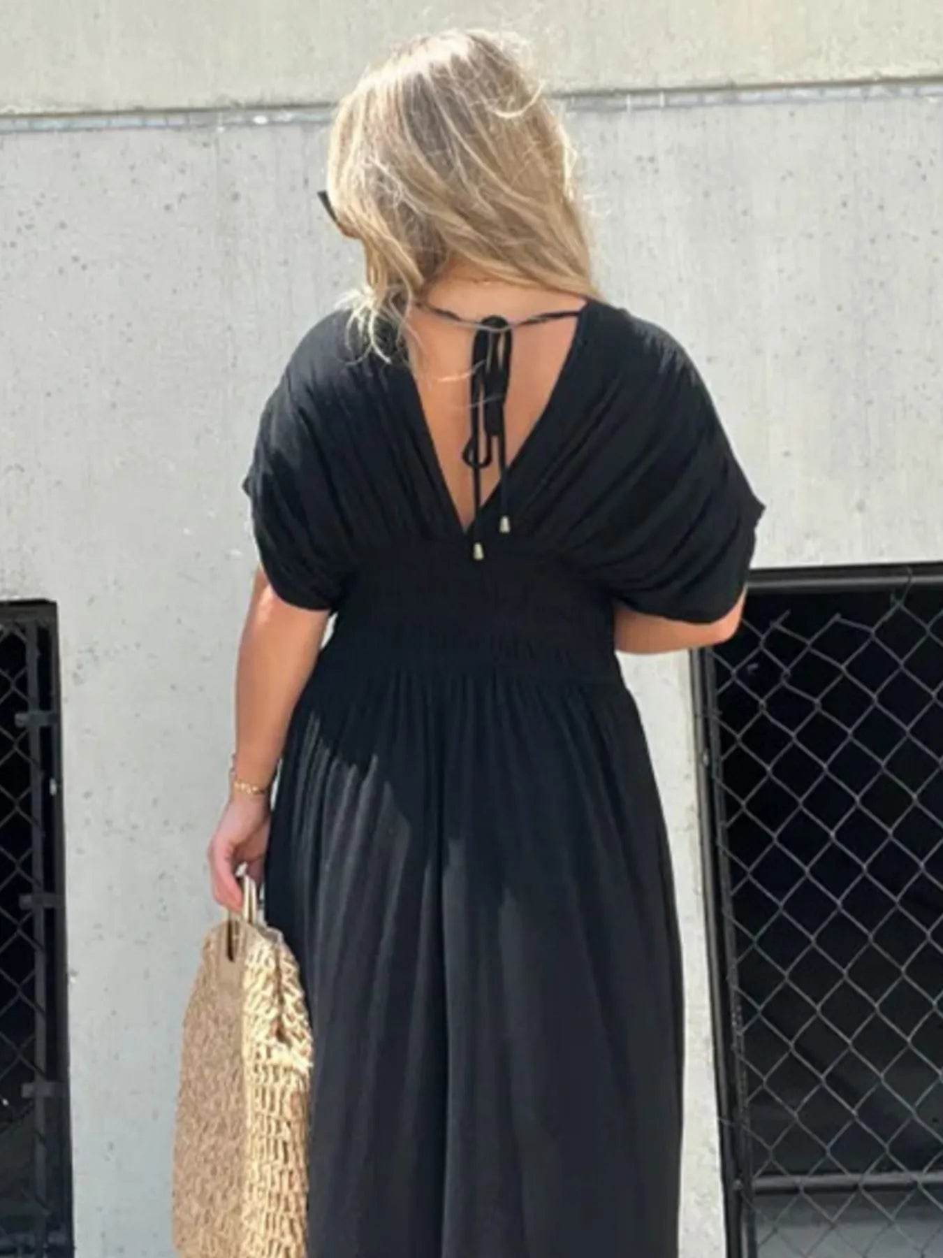 Full Size Deep V-Neck Maxi Dress with Side Slit Plus Size - IntuitiveEncBoutique