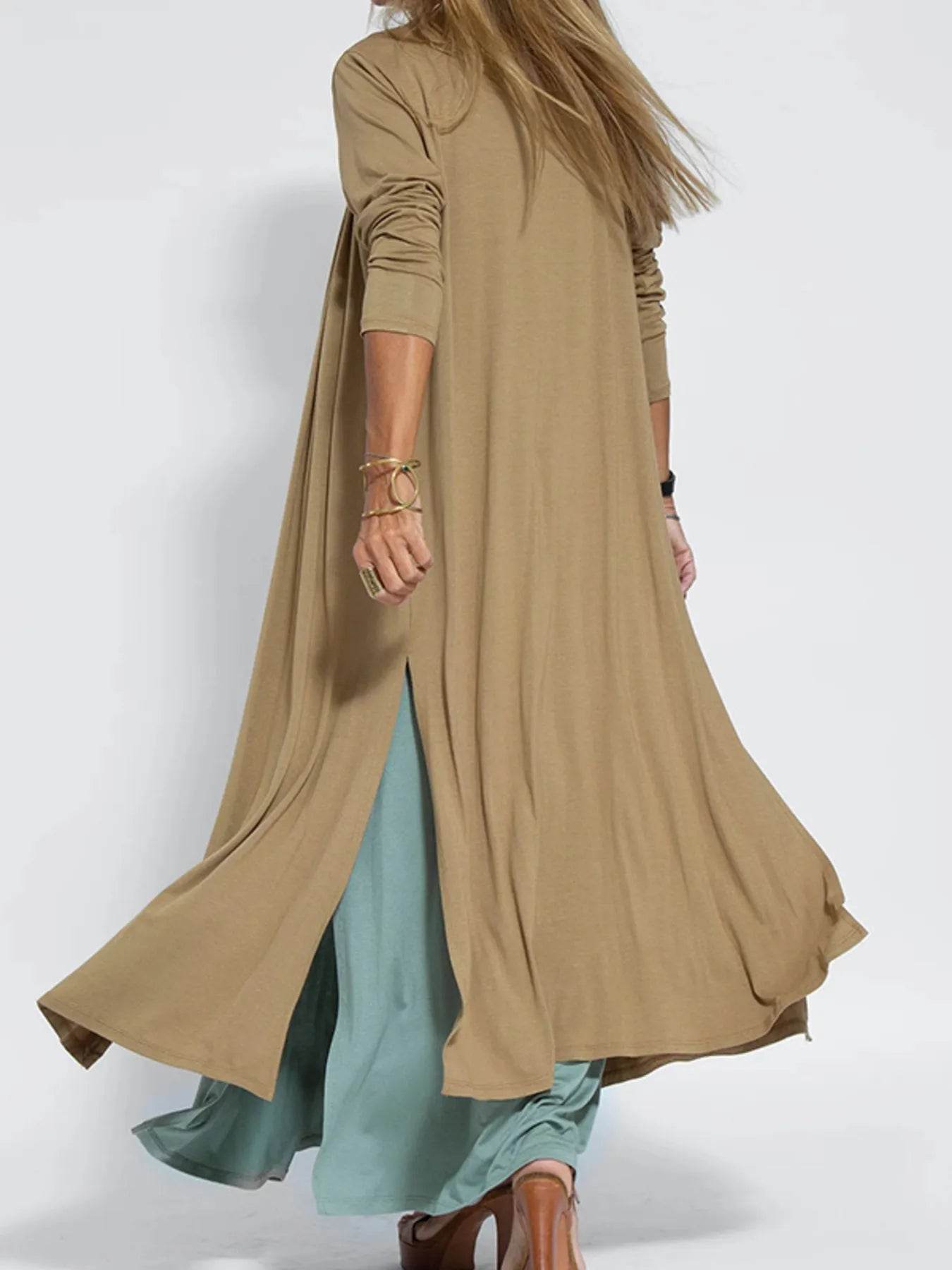 Full Size Open Front Side Slit Longline Cardigan Plus Size - IntuitiveEncBoutique