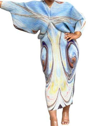 V-Neck Bat Sleeve Print Dress - IntuitiveEncBoutique