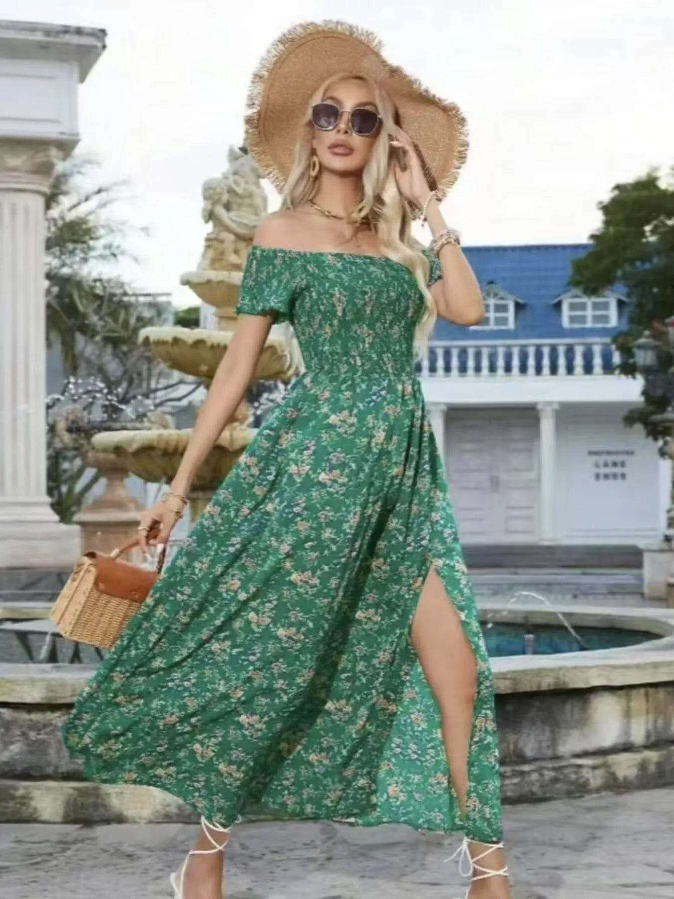 Full Size Slit Off-Shoulder Floral Midi Dress Plus Size - IntuitiveEncBoutique