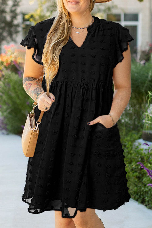 Black Dotty Textured Notched Neck Plus Ruffled Dress - IntuitiveEncBoutique