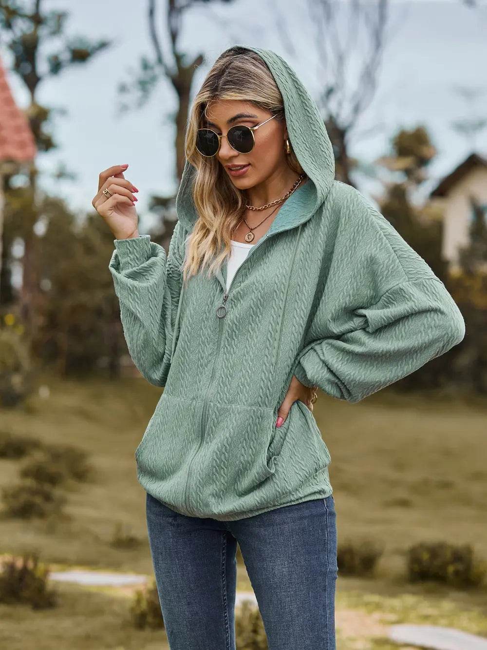 Zip Up Drawstring Long Sleeve Hooded Jacket - IntuitiveEncBoutique