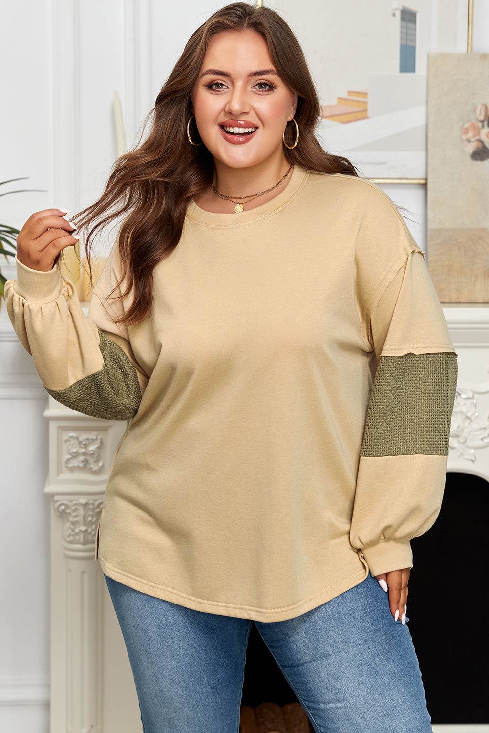 Laurel Green Exposed Seam Contrast Texture Patchwork Plus Size Drop Shoulder Pullover - IntuitiveEncBoutique