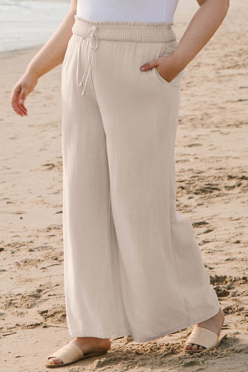 Beige Smocked High Waist Wide Leg Plus Size Pants - IntuitiveEncBoutique
