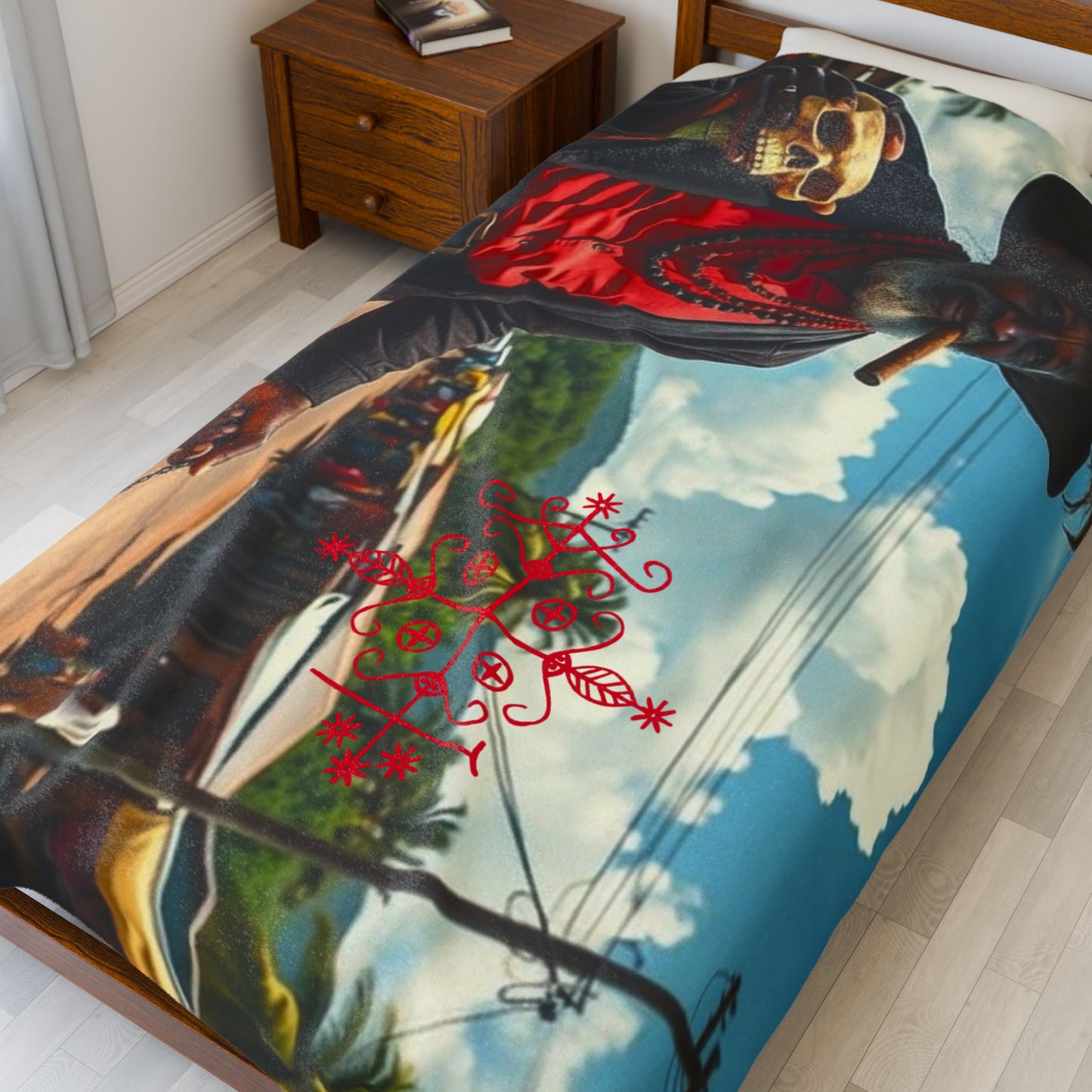 Vibrant Artistic Velveteen Plush Blanket Papa Legba, Cozy Home Decor, Unique Gift, Comfort Throw, Festival Blanket, Warm Artistry