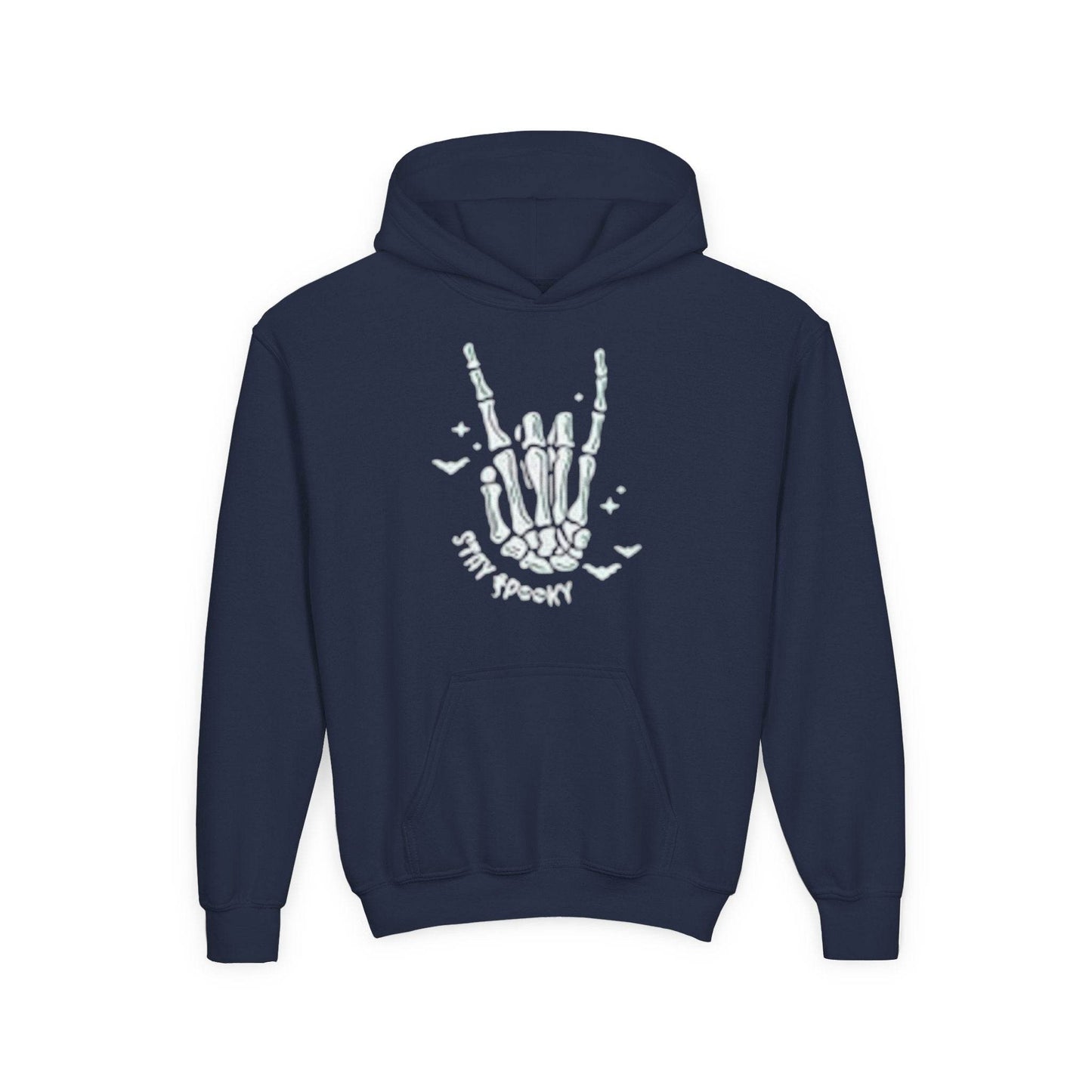 Youth Ghostly Rocker Hoodie - Stay Spooky Sweatshirt, Halloween Apparel, Youth Fashion, Skeleton Design, Cozy Gift - IntuitiveEncBoutique