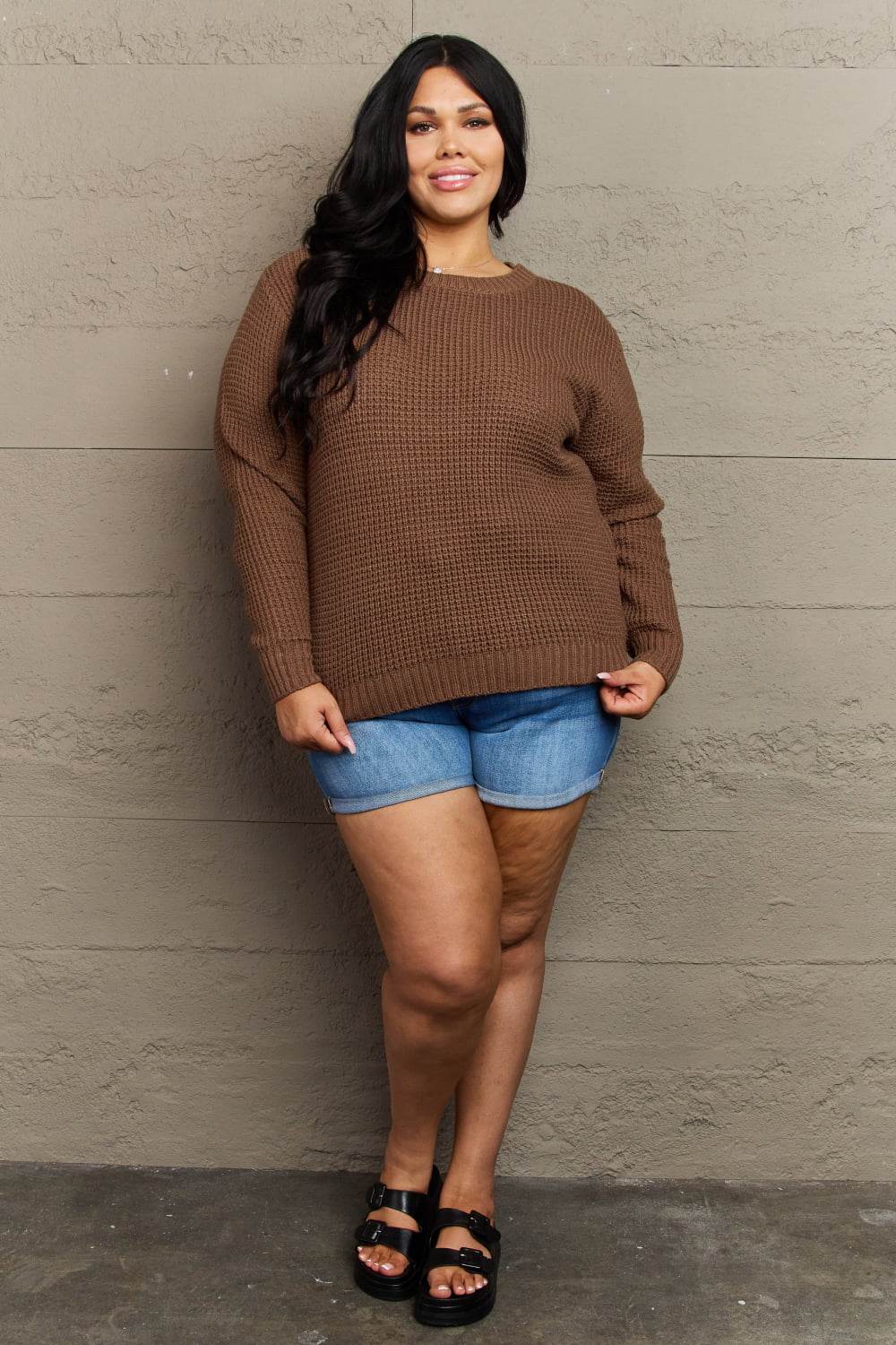 Zenana Breezy Days Plus Size High Low Waffle Knit Sweater - IntuitiveEncBoutique