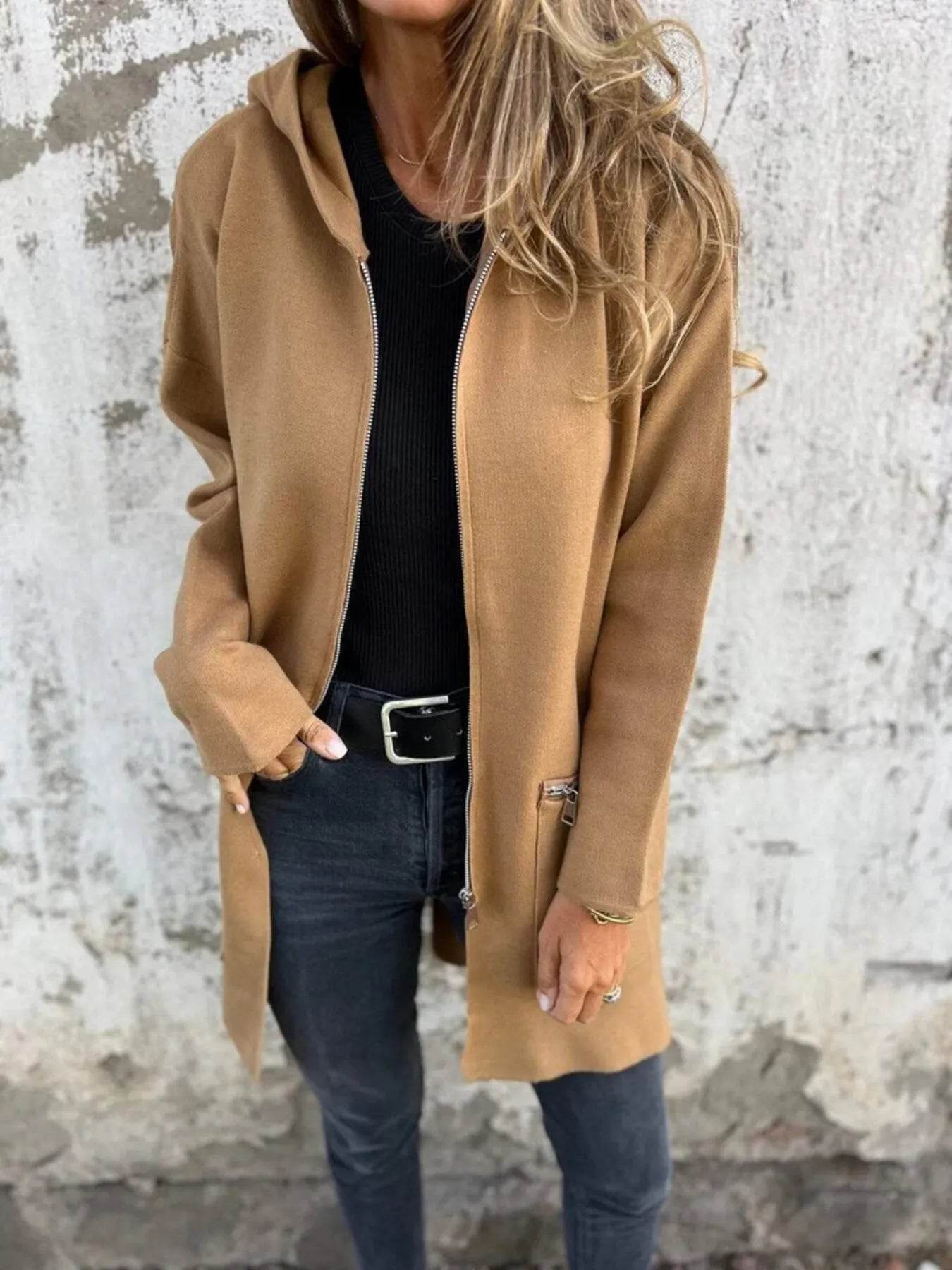Full Size Zip Up Long Sleeve Hooded Outerwear Plus Size - IntuitiveEncBoutique