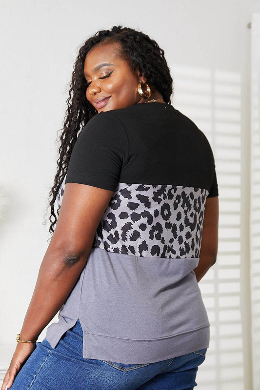 Double Take Leopard Print Color Block Short Sleeve T-Shirt - IntuitiveEncBoutique